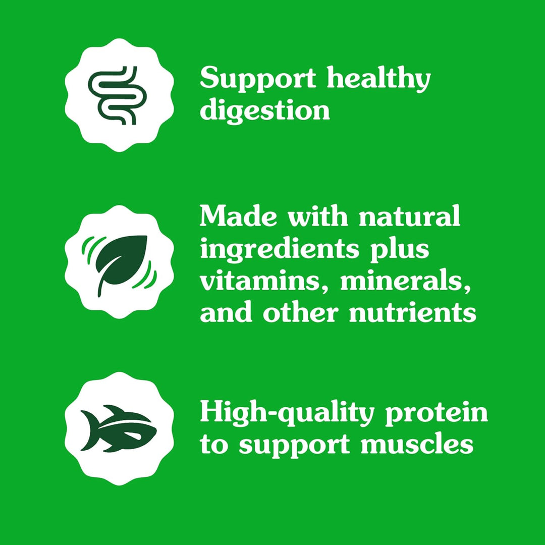 Green background with white text and icons about digestive health, natural ingredients, vitamins, minerals, and high-quality protein. Greenies Feline Smartbites Healthy Indoor Cat Treats, Tuna Flavor