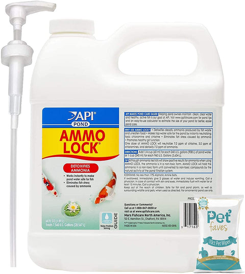 API Pond Ammo-Lock Ammonia detoxifier for Pond Water 64-Ounce Bottle with Gallon Pump and 10ct pet Wipes