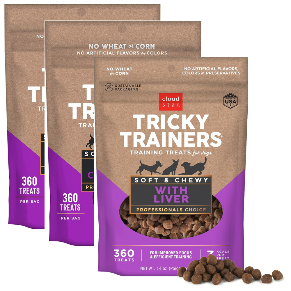 Three packages of cloud star Tricky Trainers training treats for dogs on a white background.