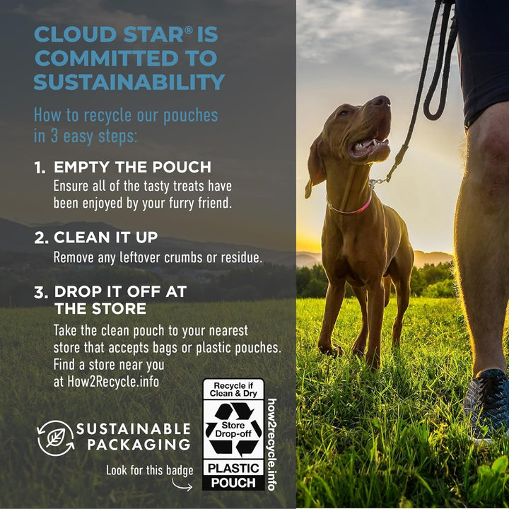 Dog on a leash with sustainability information on packaging