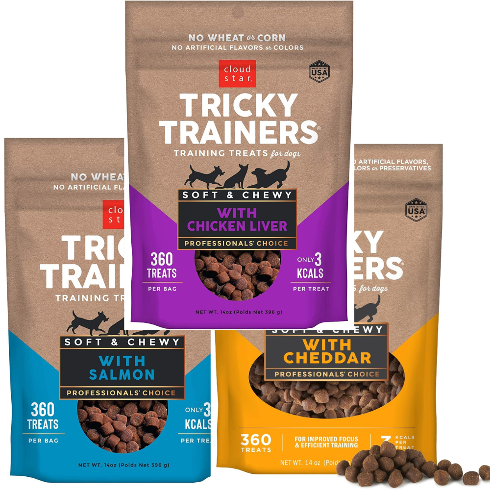 Three packages of Tricky Trainers dog training treats with different flavors on a white background.