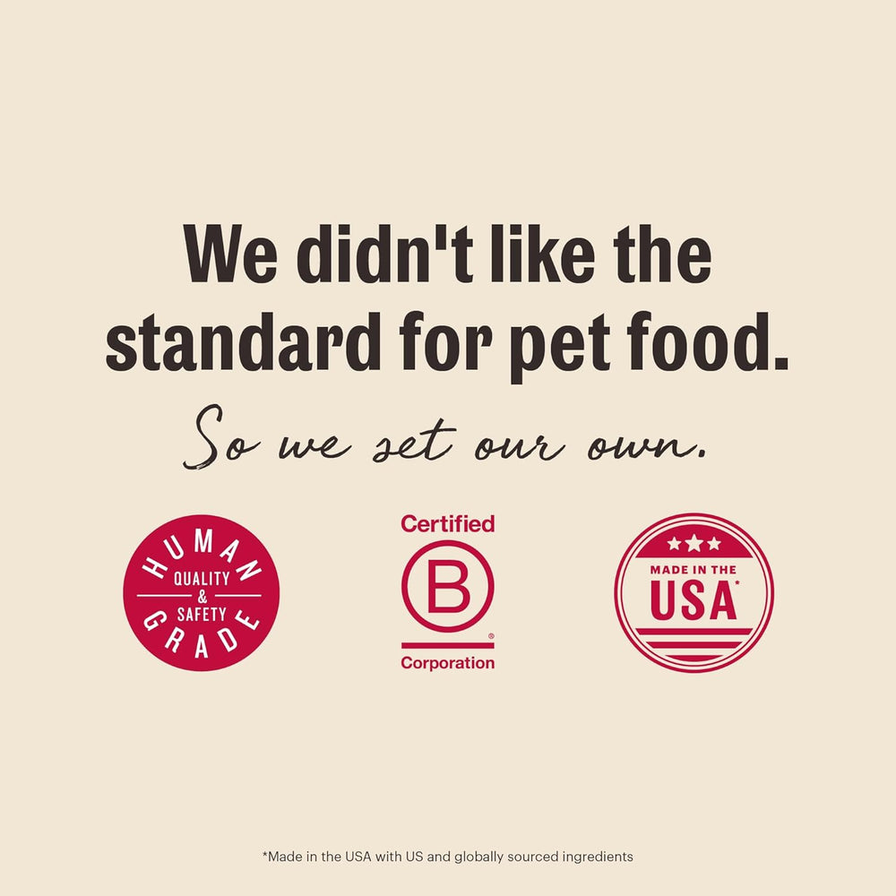 Beige background with text 'We didn't like the standard for pet food. So we set our own. Dehydrated Limited Ingredient Fish