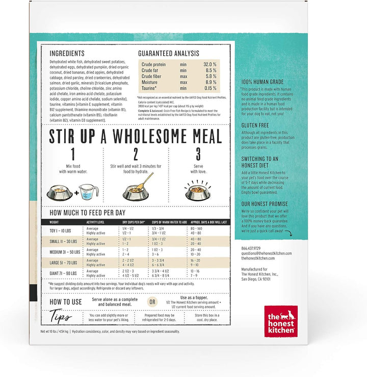 The Honest Kitchen pet food packaging with text and images on a white background. Grain-Free Fish Recipe Dehydrated Dog Food