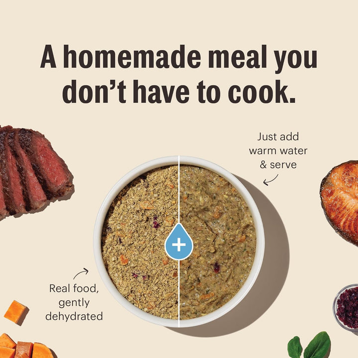 Dehydrated pet food mix in a bowl with text on a beige background. Grain-Free Fish Recipe Dehydrated Dog Food
