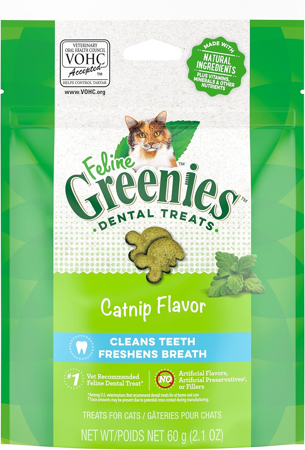 Feline Greenies Catnip Flavor dental treats packaging with a cat illustration on a green and white background.