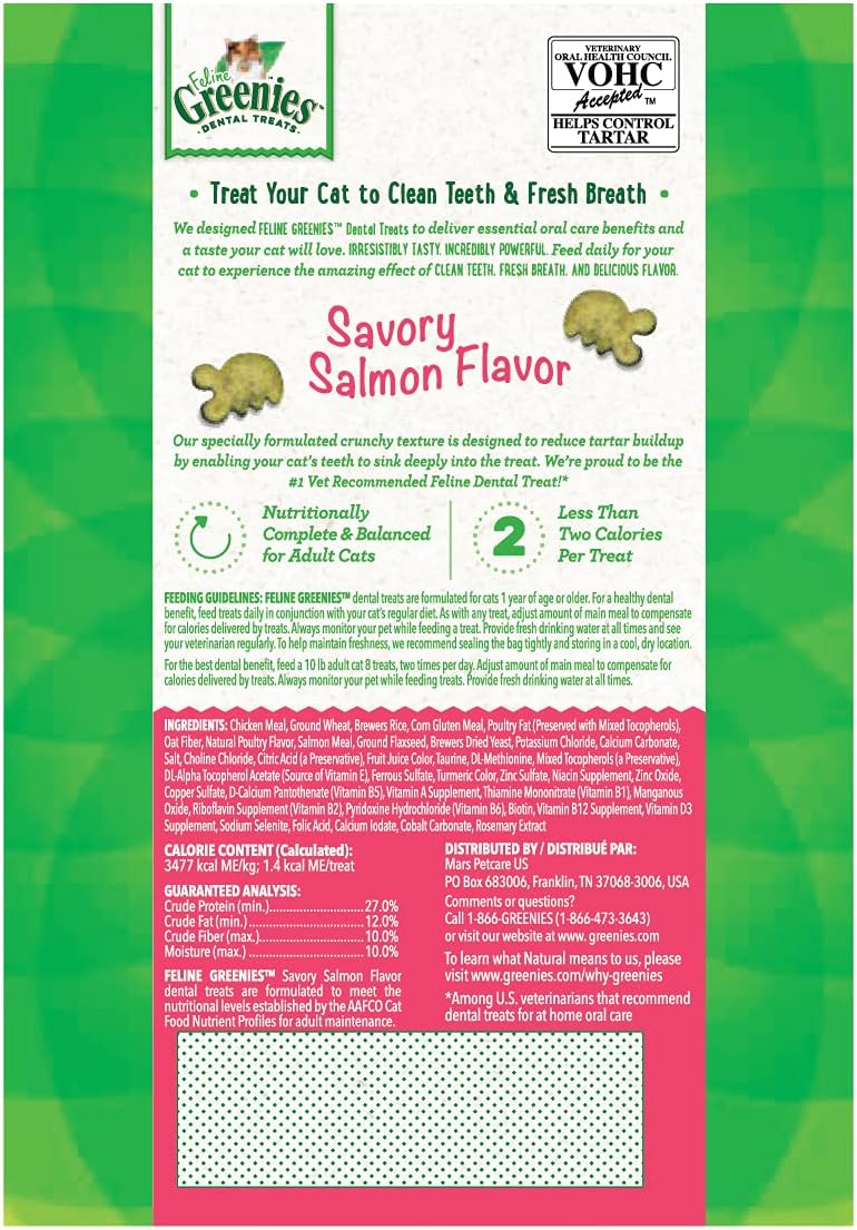 Greenies cat treat packaging with text and graphics on a green background