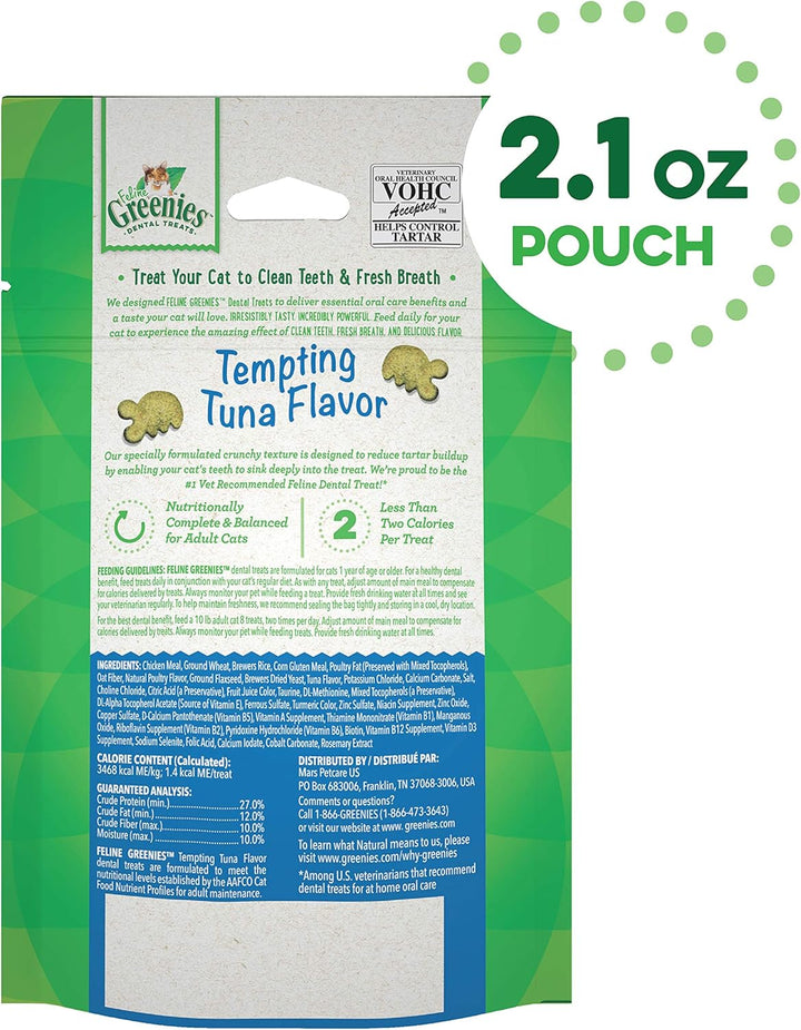 Greenies cat treat packaging with tuna flavor on a green background. Greenies Feline Adult Dental Cat Treats