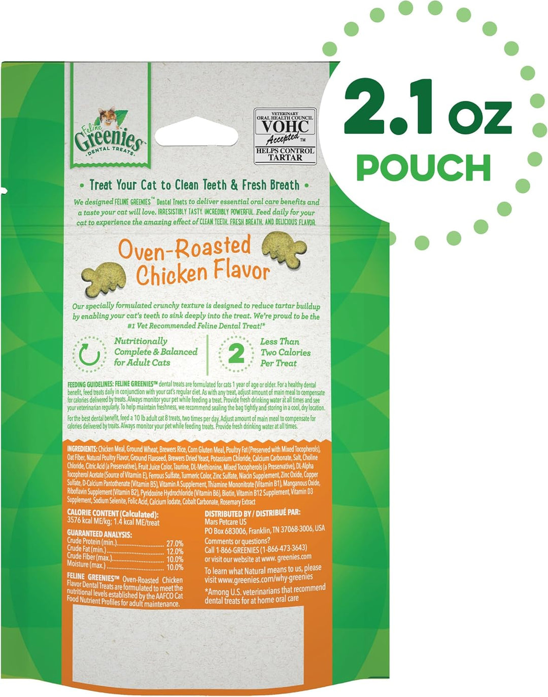 Greenies cat treat packaging with oven-roasted chicken flavor on a green background