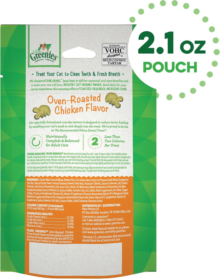 Greenies cat treat packaging with oven-roasted chicken flavor on a green background