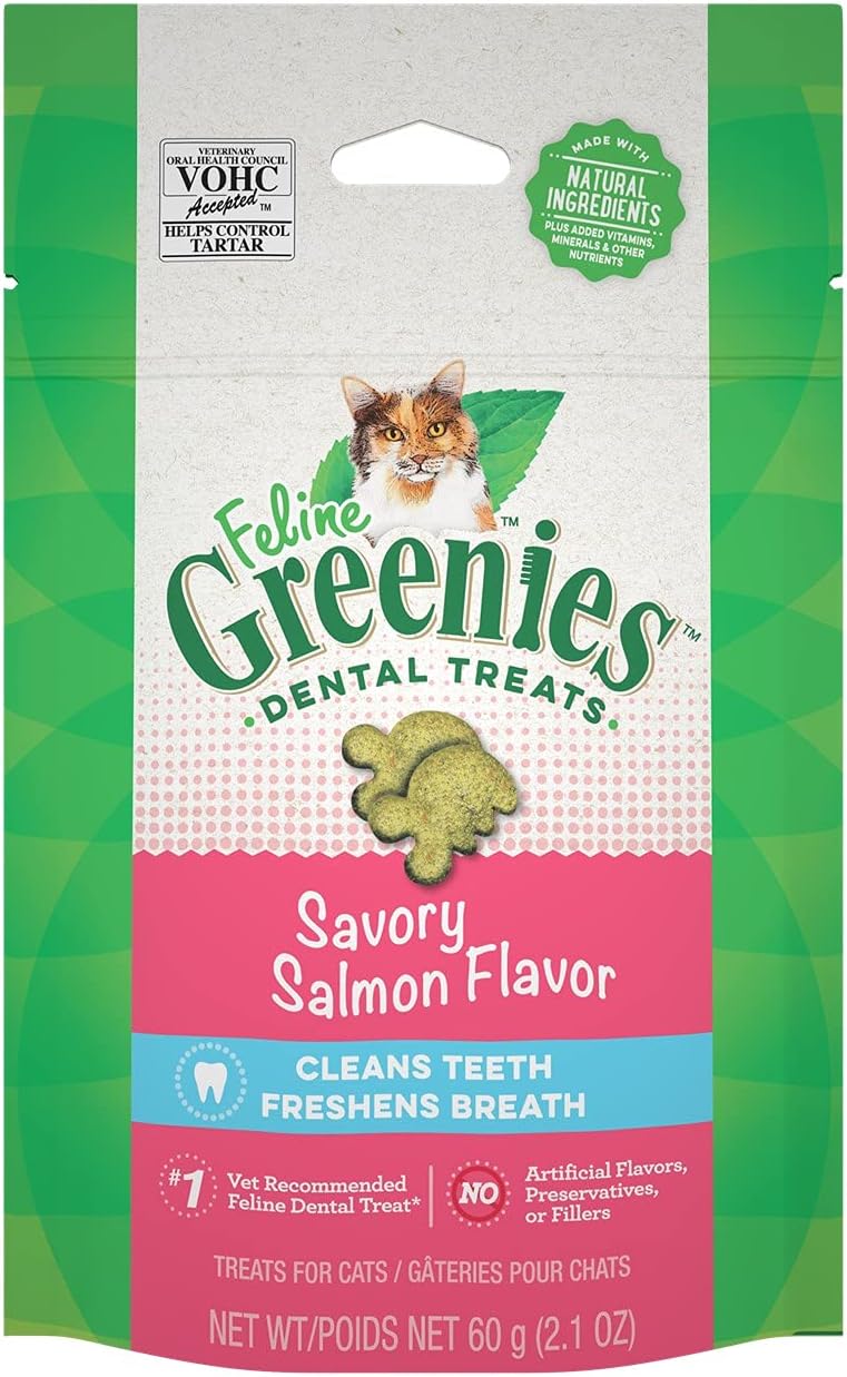 Feline Greenies Savory Salmon Flavor dental treats packaging on a green background