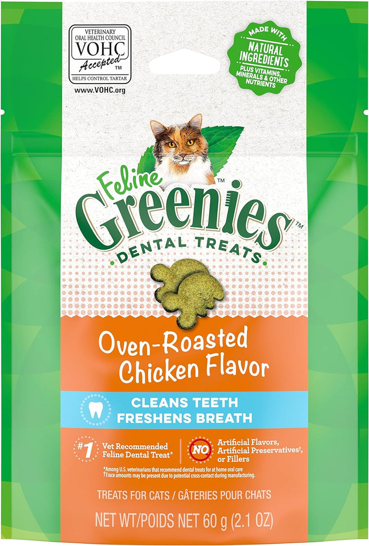 Feline Greenies Dental Treats packaging for cats with oven-roasted chicken flavor on a green and white background. Greenies Feline Adult Dental Cat Treats Variety Pack 