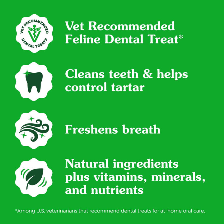 Green background with text and icons about a vet-recommended feline dental treat. Greenies Feline Adult Dental Cat Treats Variety Pack 