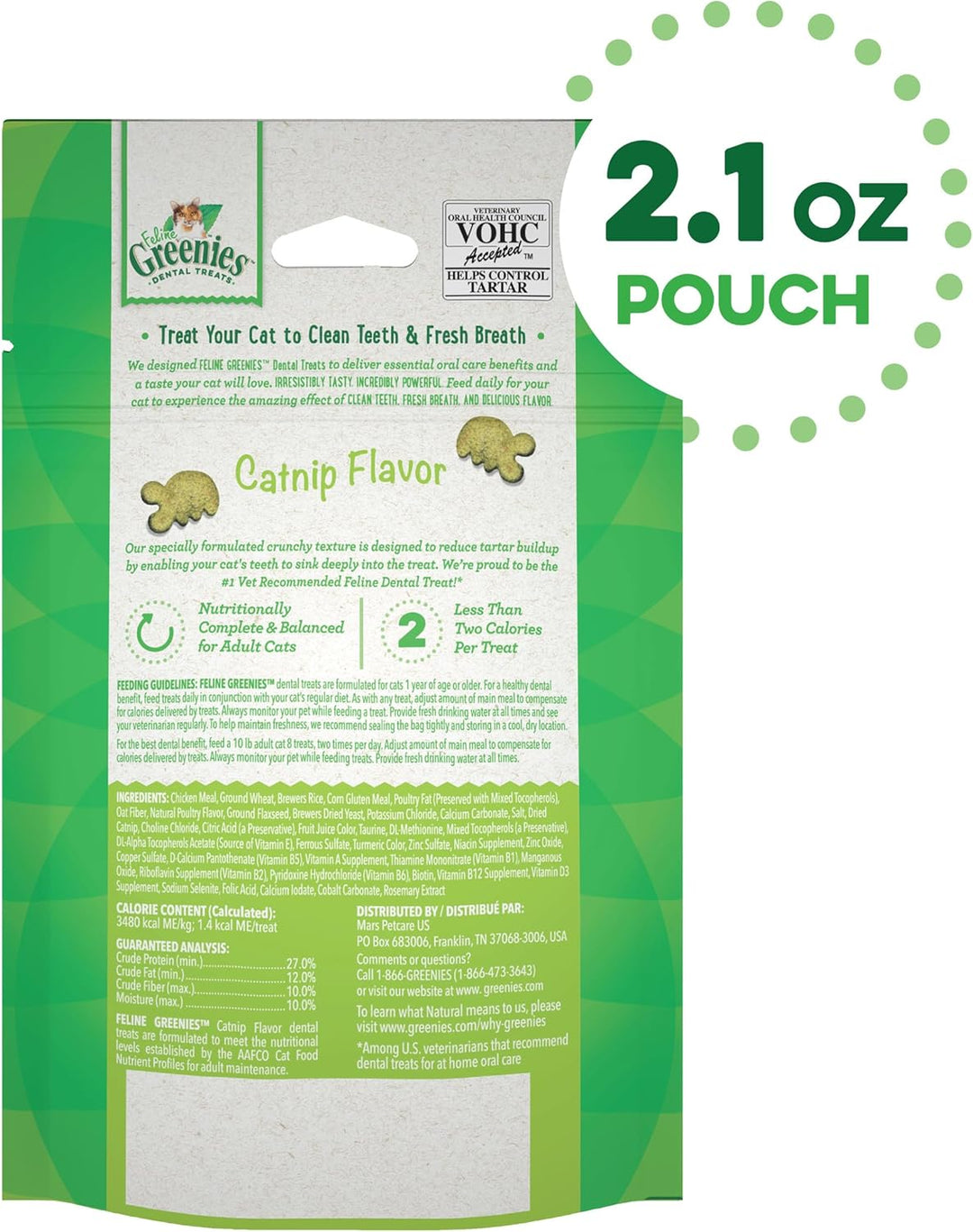 Greenies catnip-flavored treat packaging with text and branding.