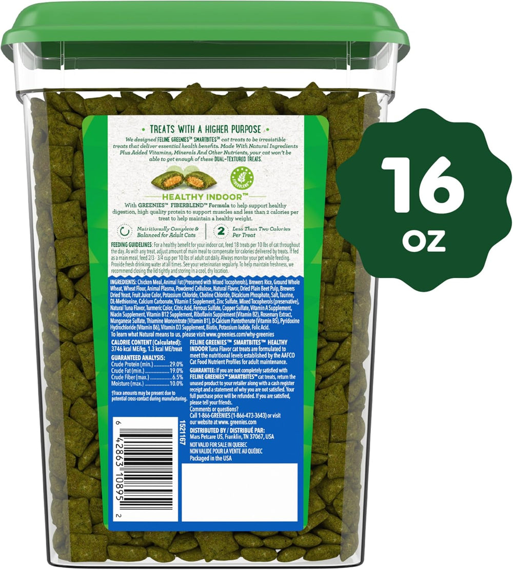 Container of cat food with a green lid and label, showing '16 oz' on a white background. Greenies Feline Smartbites Healthy Indoor Cat Treats, Tuna Flavor