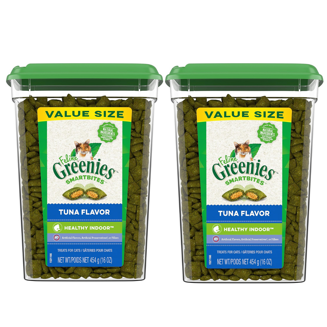 Two containers of Greenies Feline Smartbites Tuna Flavor treats on a white background. Greenies Feline Smartbites Healthy Indoor Cat Treats, Tuna Flavor