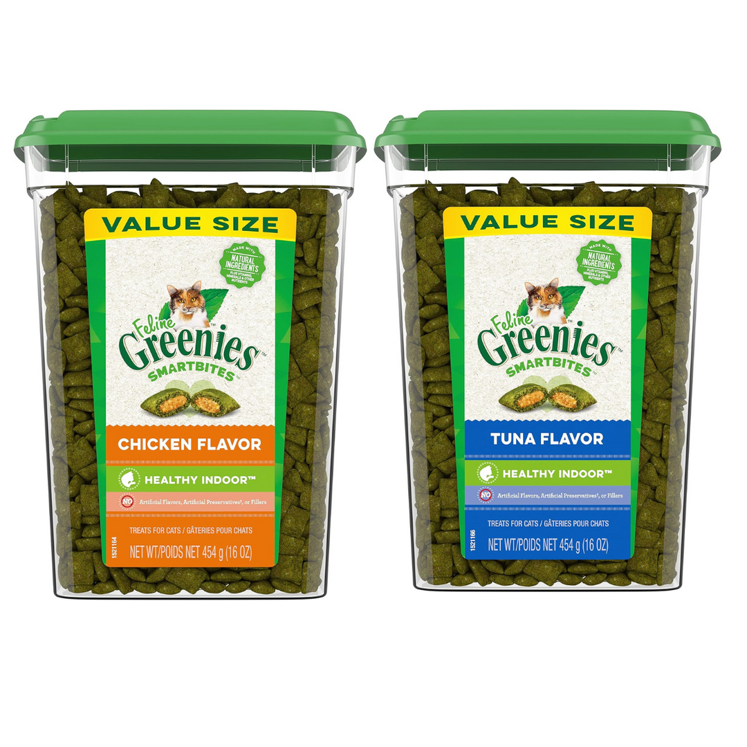Greenies Feline Pill Pockets packaging for salmon, chicken, and catnip flavors on a white background.