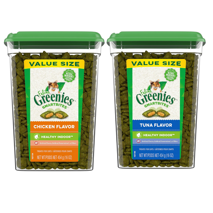 Greenies Feline Pill Pockets packaging for salmon, chicken, and catnip flavors on a white background.