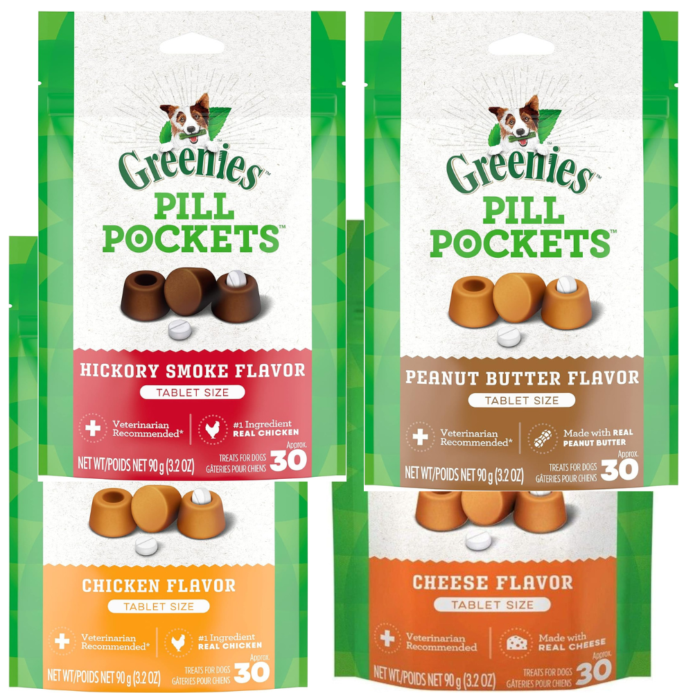 Two packages of Greenies Pill Pockets with different flavors on a white background
