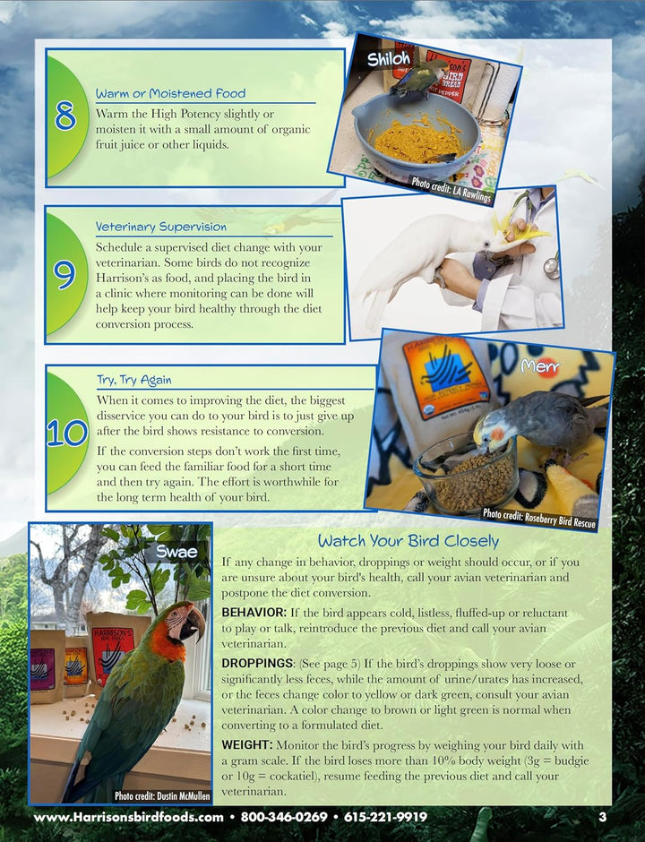 Page from a book or manual with text and images related to bird care, including a parrot and a birdcage.