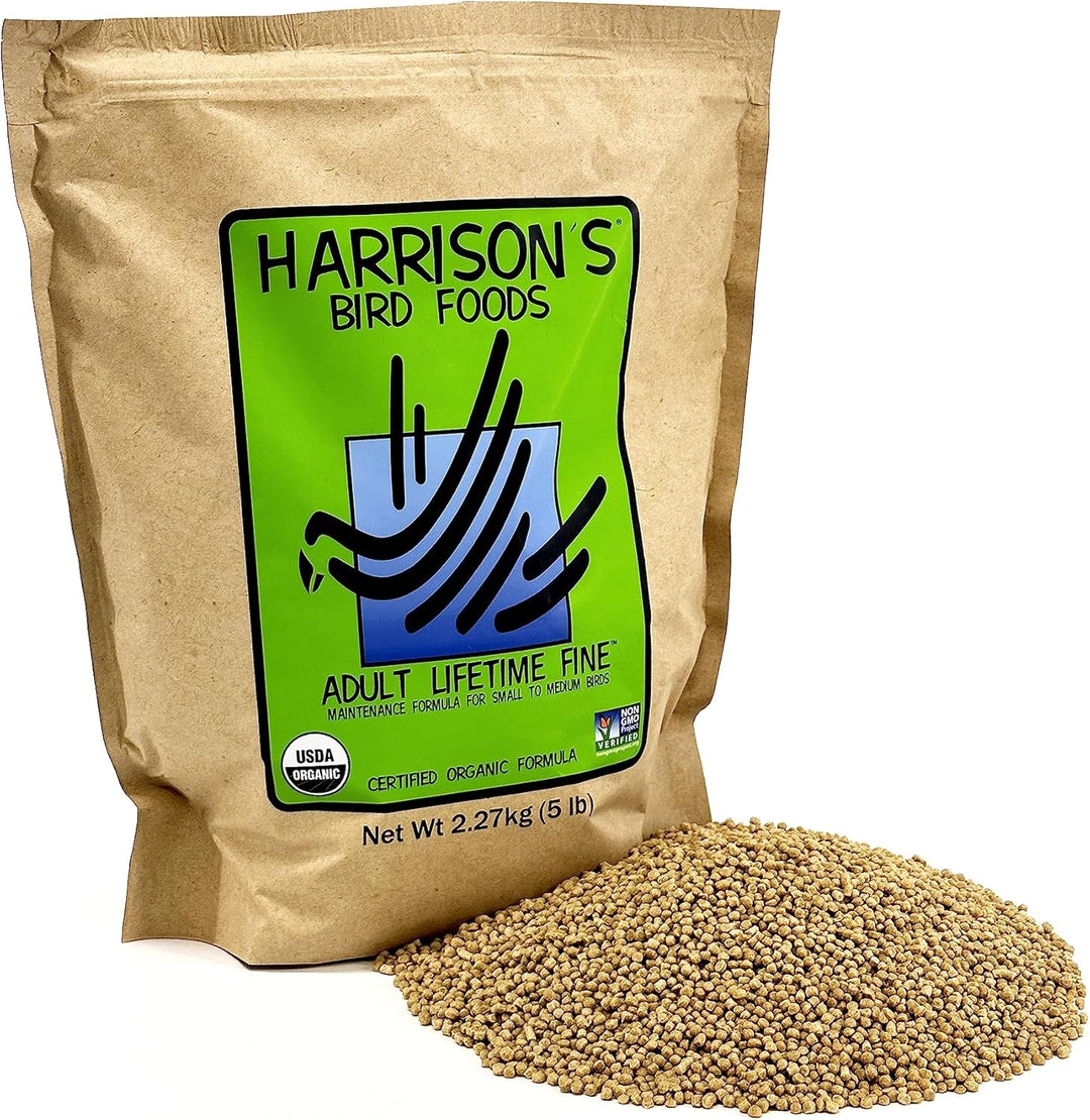 Harrison's Bird Foods package with bird seed on a white background