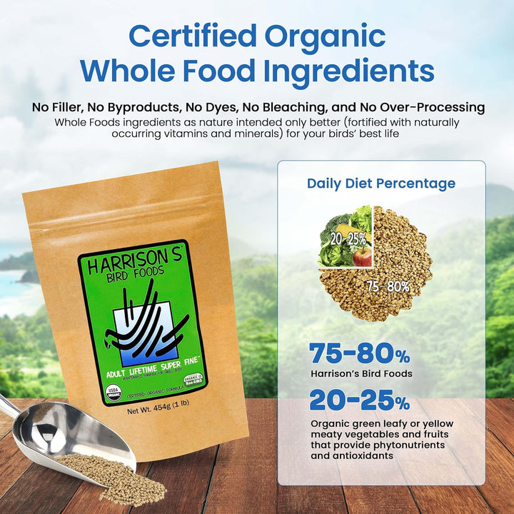 Harrison's Bird Foods package with certification details on a scenic background. Harrison's Adult Lifetime SuperFine 1 LB