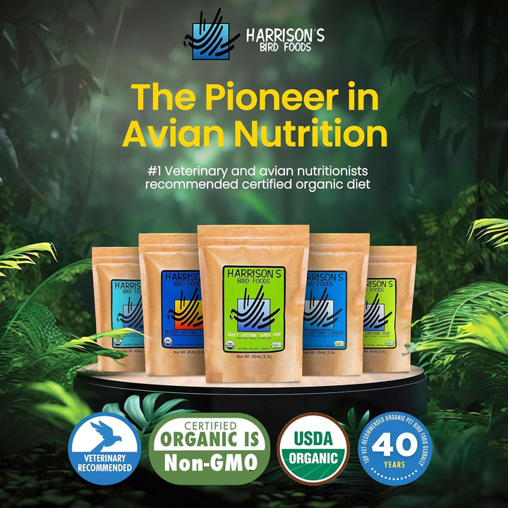 Harrison's bird food packages with branding and certification logos on a green leafy background