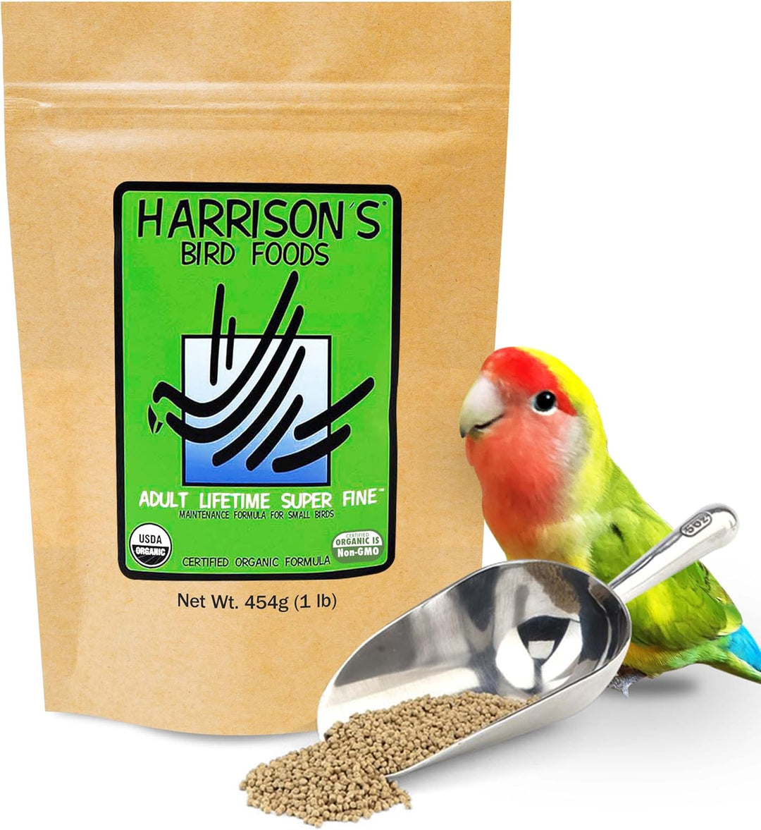 Harrison's Bird Foods package with a bird and scoop on a white background. Harrison's Adult Lifetime SuperFine 1 LB