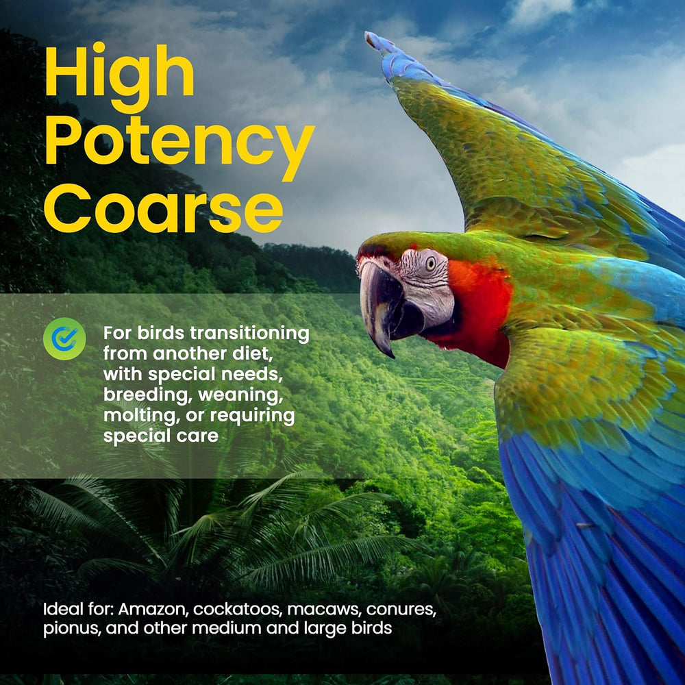 Colorful parrot with text about high potency coarse diet for birds in a natural setting-Harrison's High Potency Coarse Bird Food 5 LB