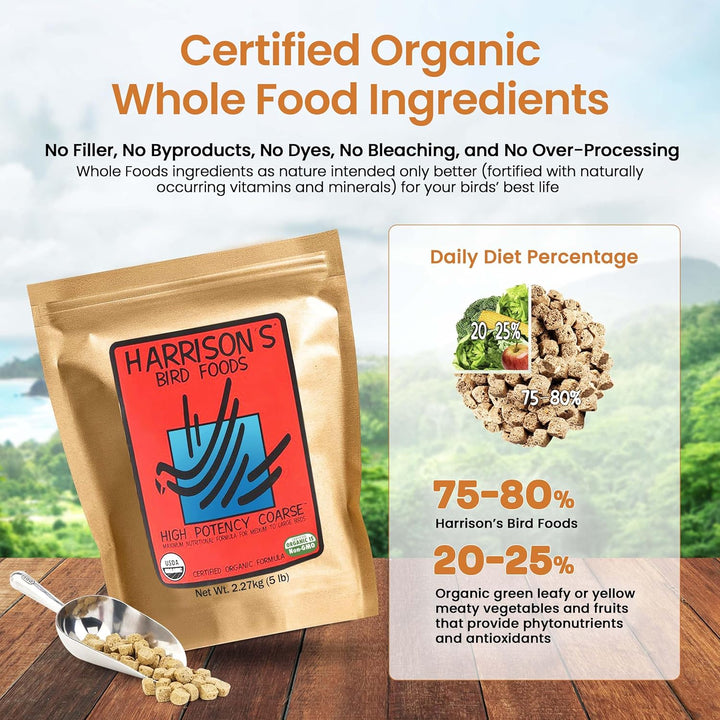 Harrison's Bird Foods package with certification details on a scenic background. Harrison's High Potency Coarse Bird Food 5 LB