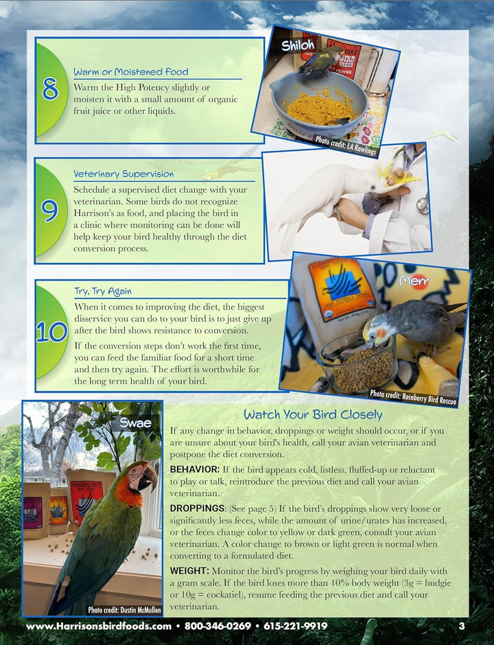 Bird care advice sheet with images and text on a natural background. Harrison's High Potency Coarse Bird Food 5 LB
