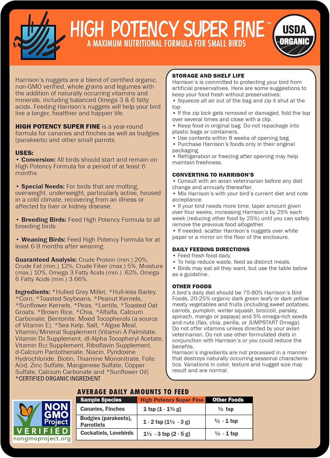 Harrisons High Potency Super Fine bird food packaging with nutritional information and branding details.