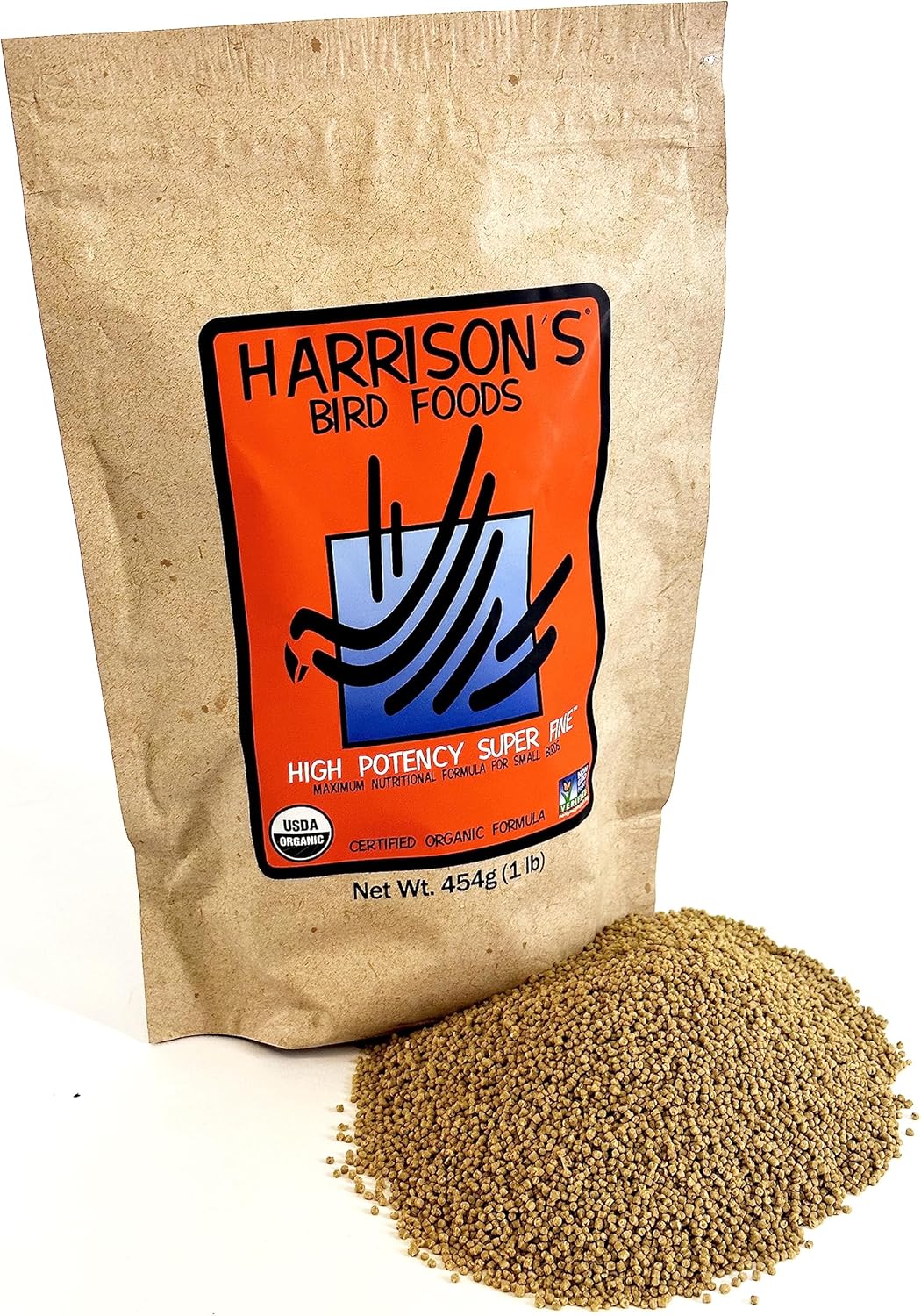 Bag of Harrison's Bird Foods with bird seed on a white background. Harrison's High Potency SuperFine Bird Food 1 LB