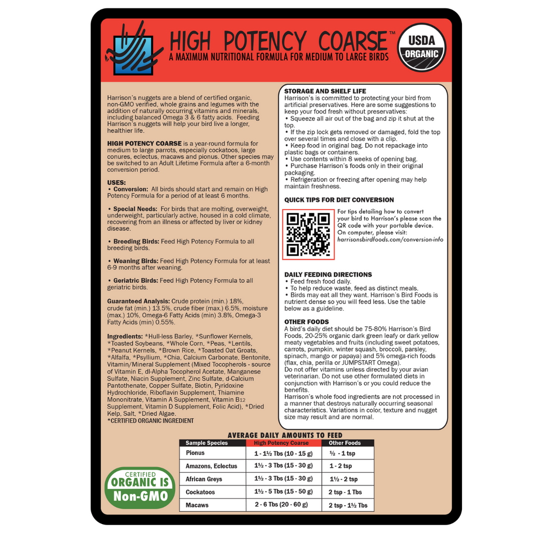 High Potency Coarse bird food label with text and QR code on a white background. Harrison's High Potency Coarse Bird Food 5 LB