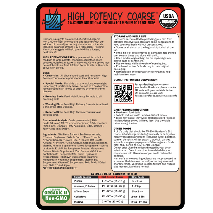 High Potency Coarse bird food label with text and QR code on a white background. Harrison's High Potency Coarse Bird Food 5 LB
