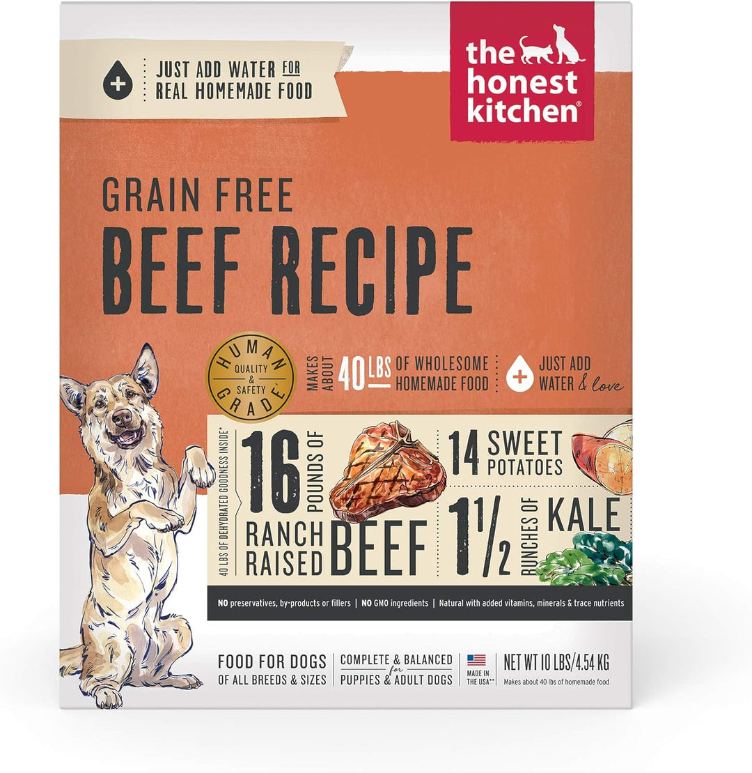 Dog food package with 'The Honest Kitchen' branding and beef recipe details.
