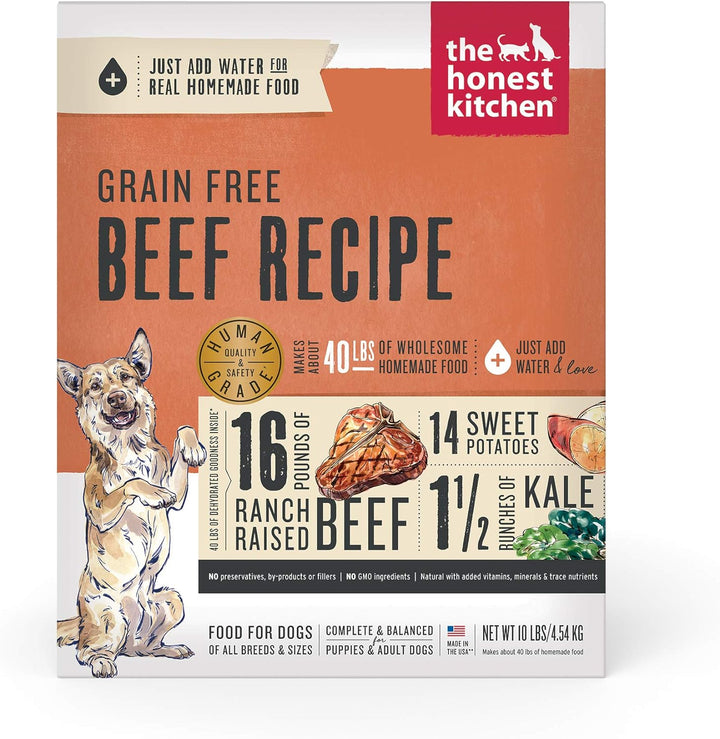 Dog food package with 'The Honest Kitchen' branding and beef recipe details.