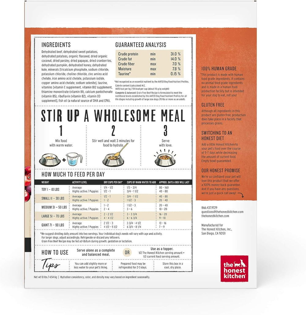 Product label with text and graphics on a white background. Honest Kitchen Beef