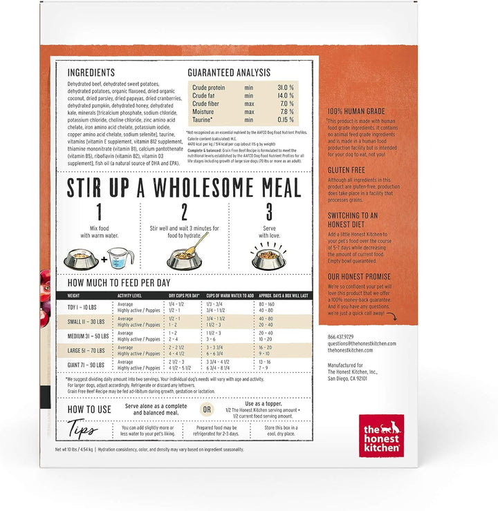 Product label with text and graphics on a white background. Honest Kitchen Beef