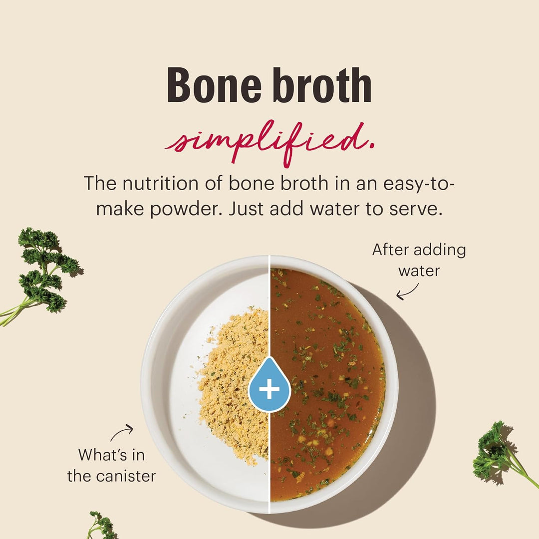 Advertisement for bone broth powder with text and images of ingredients and prepared broth. Honest Kitchen beef broth 