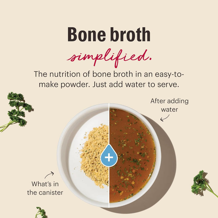 Advertisement for bone broth powder with text and images of ingredients and prepared broth. Honest Kitchen beef broth 