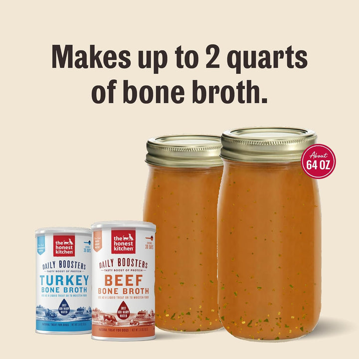 Two jars of bone broth with cans labeled 'Turkey Bone Broth' and 'Beef Bone Broth' on a beige background.