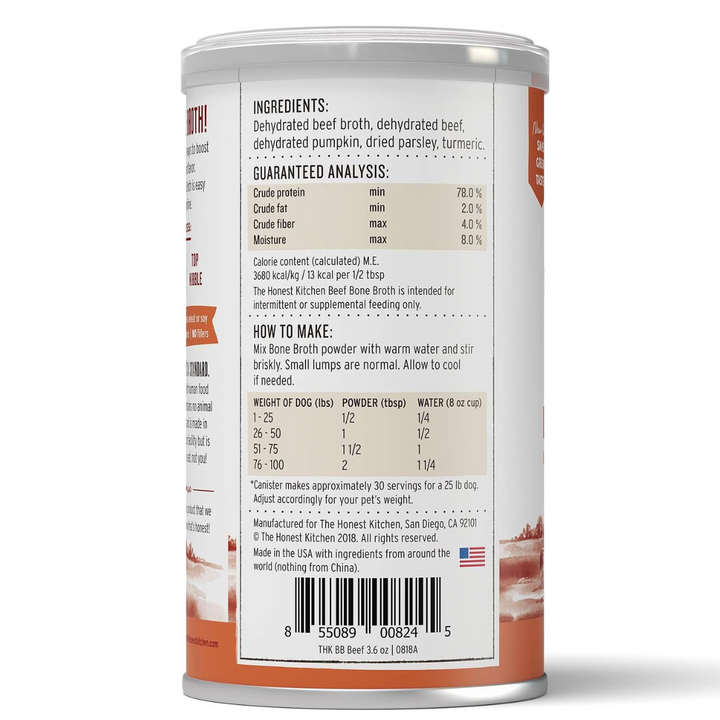 Can of Honest Kitchen dog food with label on a white background. Honest Kitchen beef broth back label