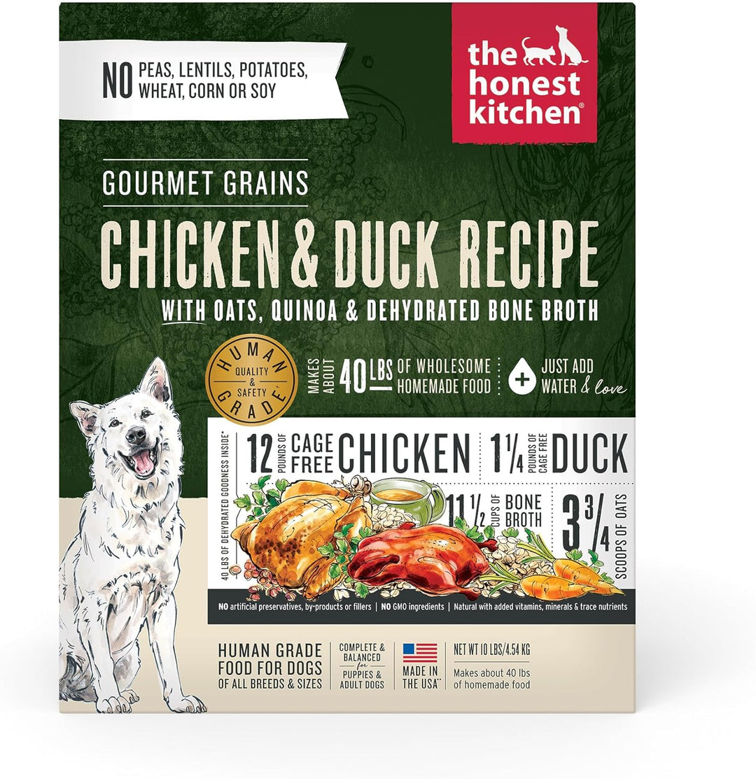 Dog food package with 'The Honest Kitchen' branding and chicken and duck recipe details. The Honest Kitchen Gourmet Grains Chicken & Duck Dehydrated Dog Food - 10LB