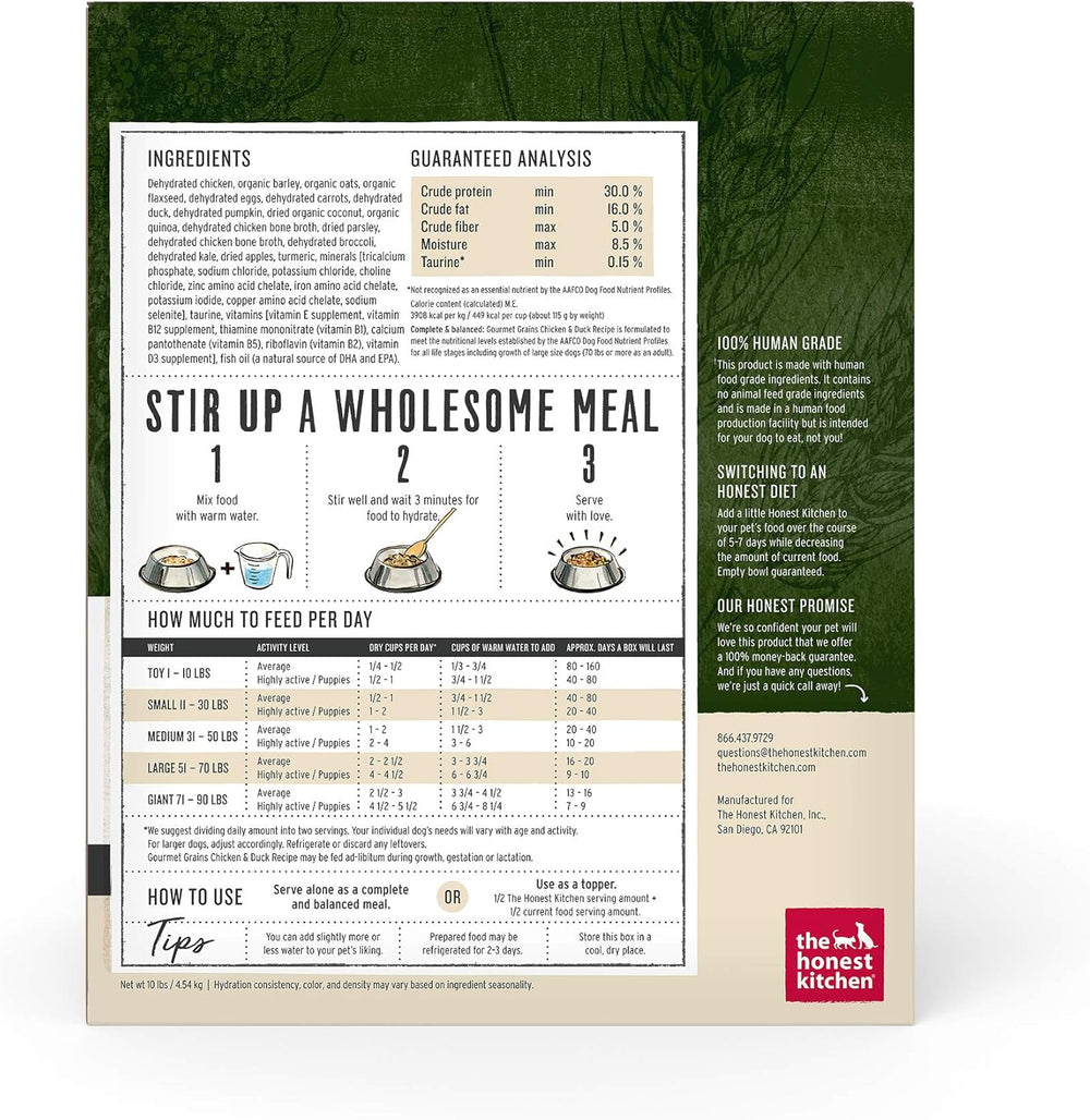 Dog food packaging with text and graphics on a green and beige background. The Honest Kitchen Gourmet Grains Chicken & Duck Dehydrated Dog Food - 10LB