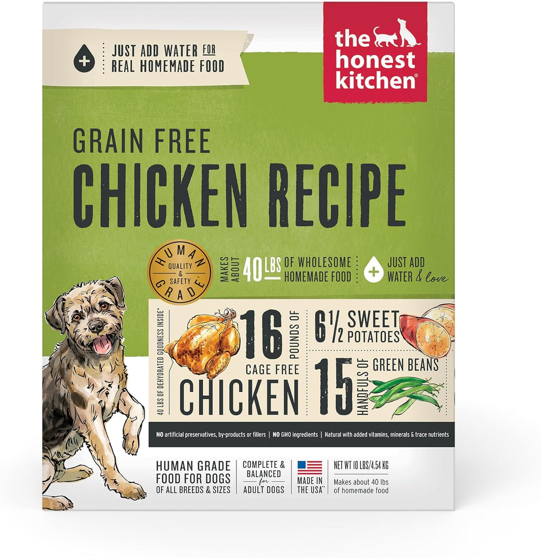 Package of 'the honest kitchen' grain-free chicken recipe dog food on a white background