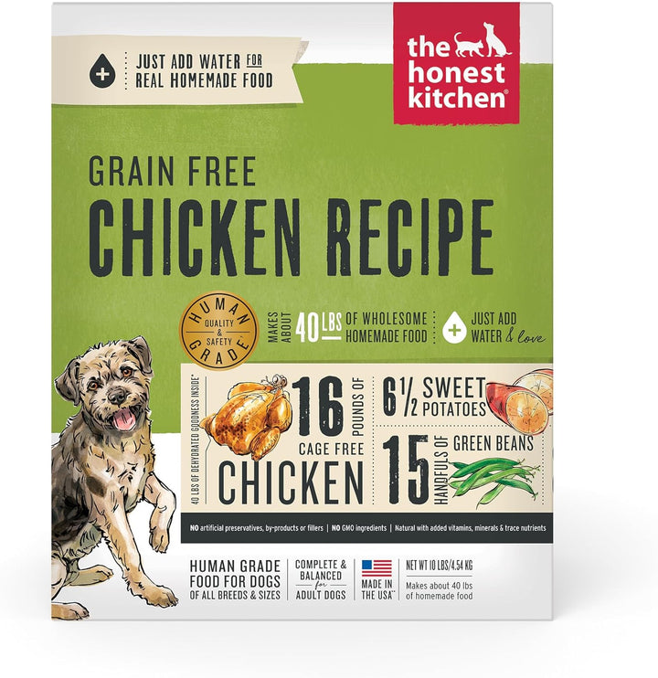 Package of 'the honest kitchen' grain-free chicken recipe dog food on a white background