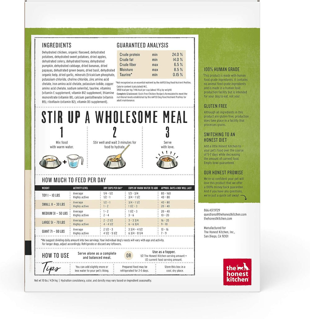 Dog food packaging with ingredient list and guaranteed analysis on a white background. The Honest Kitchen Grain-Free Chicken Recipe Dehydrated Dog Food