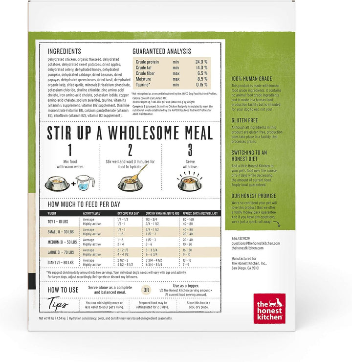 Dog food packaging with ingredient list and guaranteed analysis on a white background. The Honest Kitchen Grain-Free Chicken Recipe Dehydrated Dog Food