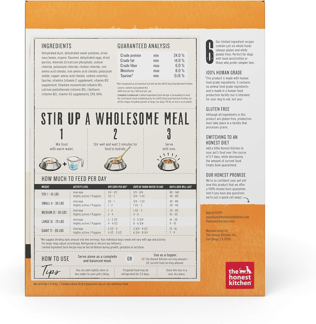 Honest Kitchen pet food packaging with text and graphics on a white background. The Honest Kitchen Grain-Free Duck Recipe 