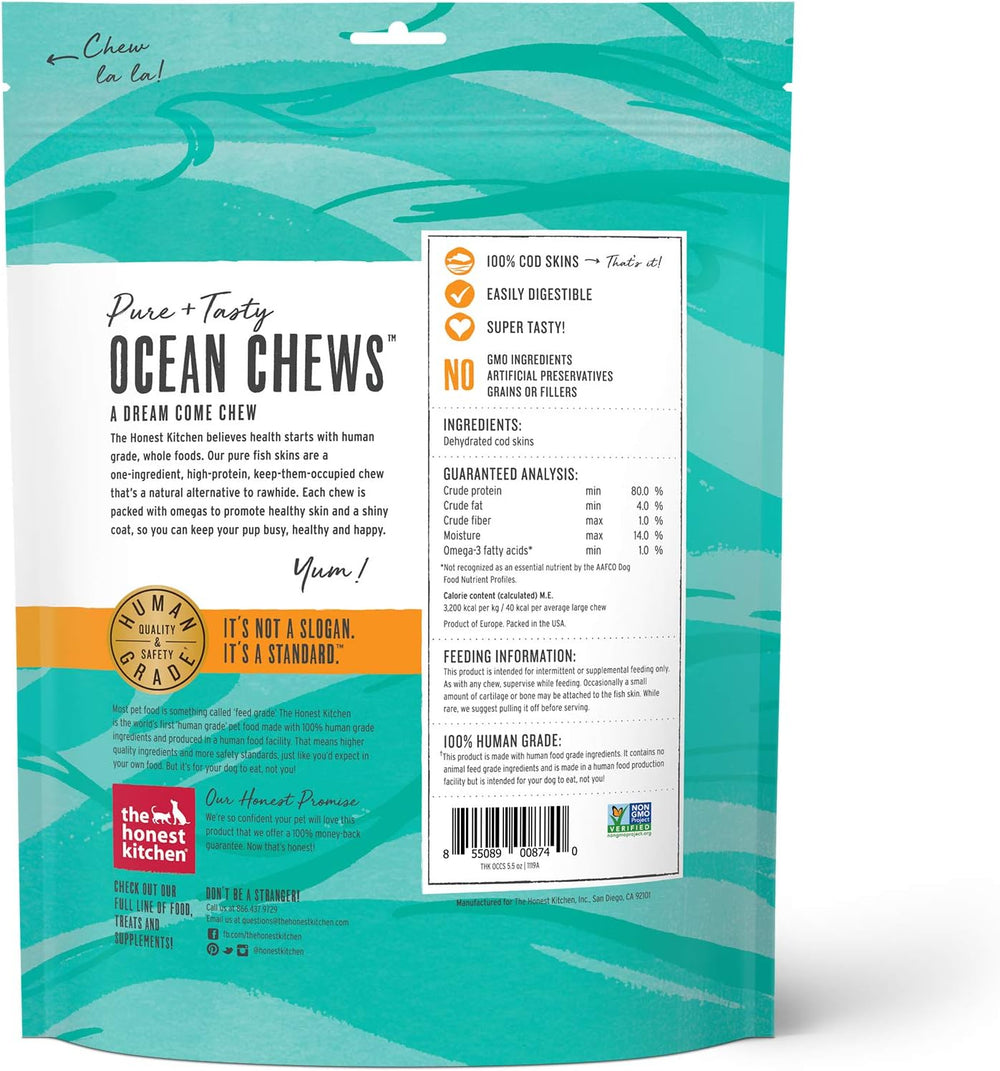 Back of a 'Ocean Chews' packaging with teal and white design. The Honest Kitchen Human Grade Ocean Chews Crispy Cod Fish Skins, 5.5 Ounces- 3 PACK